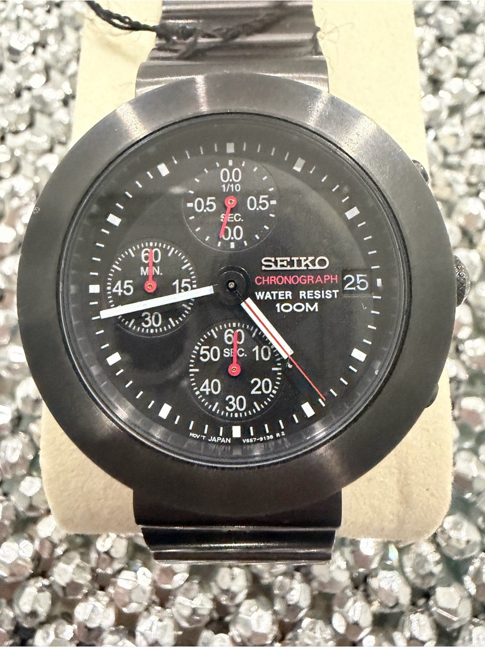 Seiko Black Dial Chronograph Watch with Red and White Accents